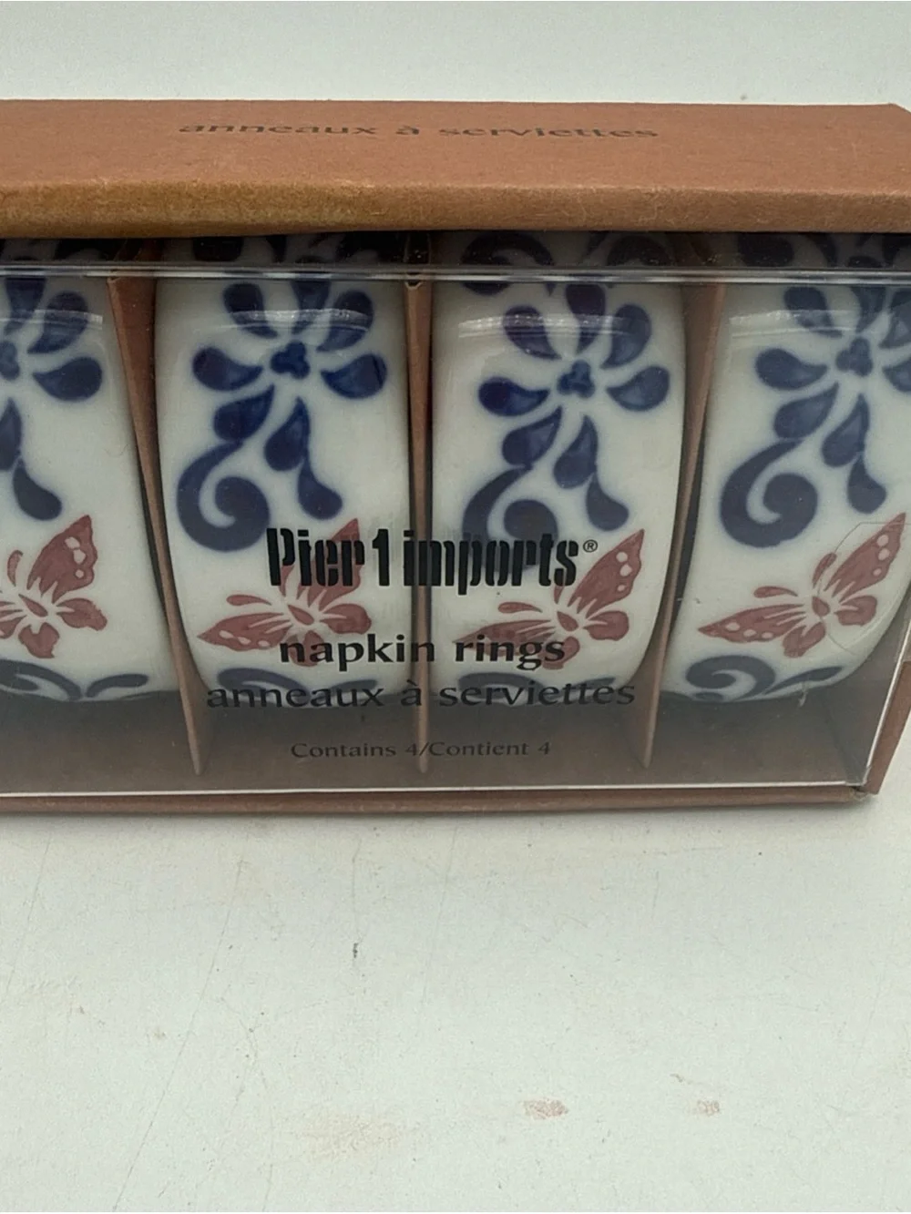 Pier 1 One Butterfly Blue Red Ceramic Napkin Rings Holder Set Of 4